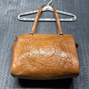VTG‎ Hand Tooled Leather Shoulder Bag Tote Tan Floral Bird Design YKK Zip Mexico